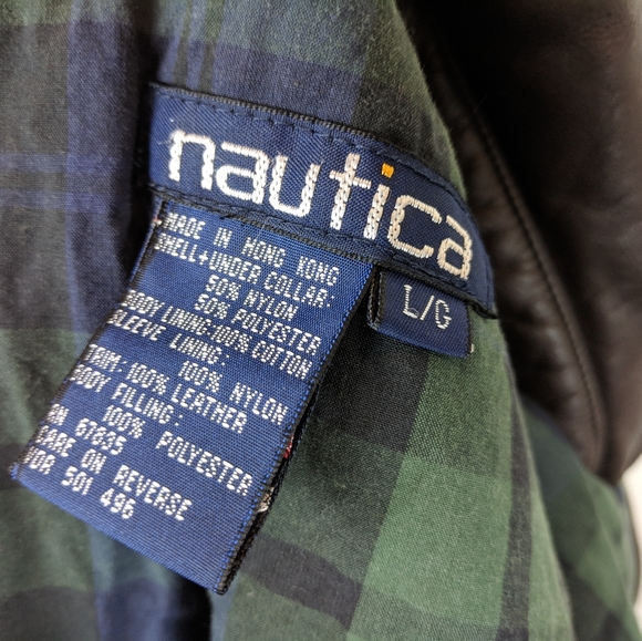Nautica Puffer Jacket Blue Leather Collar Fall Winter Outdoor 90s Vintage - Picture 6 of 6
